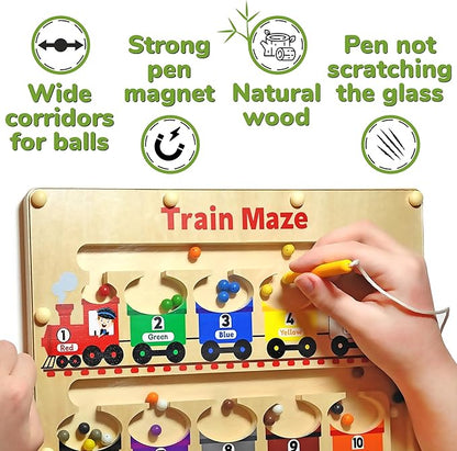 Panda Brothers Magnetic Color and Number Maze with Long Pen Handle, Color Learning Busy Board for Kids, Wooden Montessori, Fine Motor Skills and Educational Toys, Magnetic Maze Toys for Toddlers 1-3