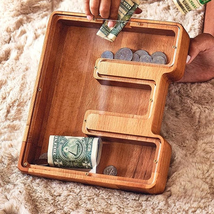 Personalized Wooden Piggy Bank – Custom Letter E Coin Bank in Beech Wood with Clear Acrylic Front, Engraved Name Option, Money Saving Box for Kids and Adults