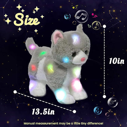 Hopearl LED Musical Stuffed Kitty Light up Singing Plush Cat Adjustable Volume Lullaby Animated Soothe Birthday Gifts for Kids Toddler Girls, Grey, 13.5''