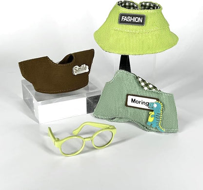 17cm Clothes Set (NO Doll) 4PC Set Hat Glasses Overalls for 17cm Accessories Suit, Doll Clothing for Trendy Blind Box，Cute Clothes for LBB Doll Dress up Unique Style,Free Combination (Green)