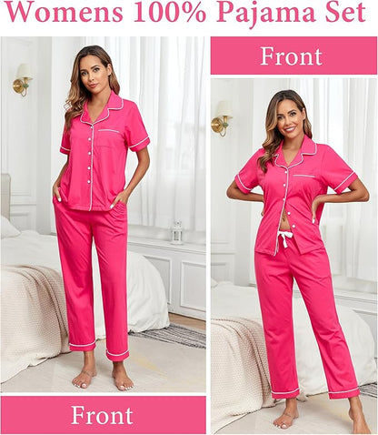 CF Womens 100% Cotton Pajamas Set Button Down Pjs Sets Short Sleeve Top & Long Pants Sleepwear Comfy Loungewear with Pockets