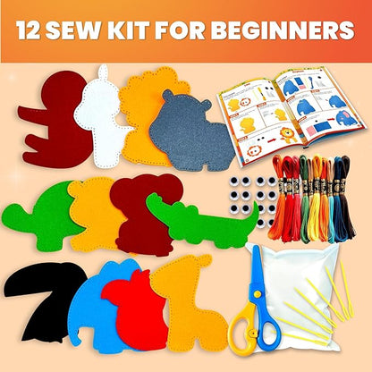 QUOKKA Kids Crafts Ages 4-8, DIY Beginner Needle and Thread Kit - 12 Wild Animals Sewing Kit Basic - Fun Arts Crafts for Kids Ages 6-8 Girls Boys - Plastic Needles, Scissors - 6+ Year Old Girl Gifts