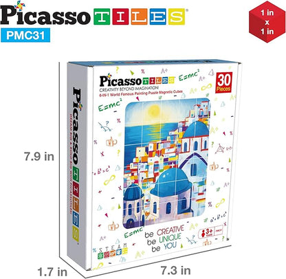 PicassoTiles 6-in-1 World Famous Painting Puzzles Magnetic Cubes Toy_Building_Block, Spain Park Guell, Paris Eiffel Tower, Greece Santorini & More for Kid, Educational Art for Boys and Girls