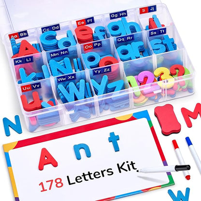 Gamenote Classroom Magnetic Letters Kit 178 Pcs with Double-Side Magnet Board - Foam Alphabet Letters for Kids Spelling and Learning
