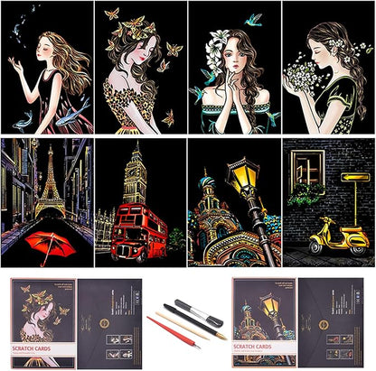 Rainbow Scratch Painting Paper By BOTEEN, City Series Night Scene,Scratch Painting Creative Gift,Scratchboard for Adult and Kids,with 4 Tools,Size:11.7''x8.3''（8pack）