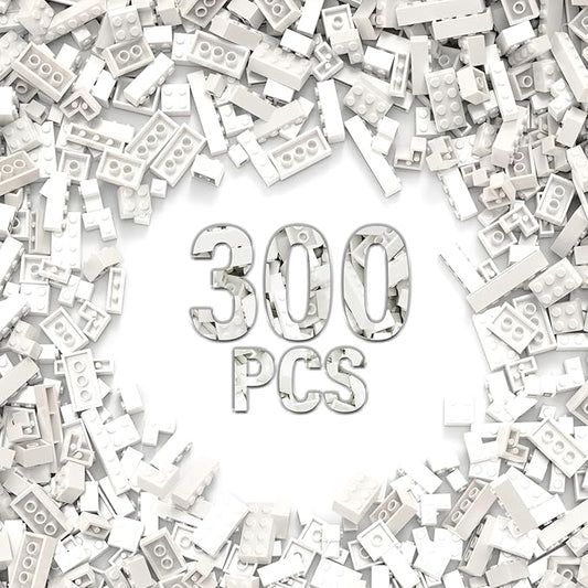 300Pcs Building Brick Bulk, White Bulk Bricks with 5 Sizes, Compatible with Lego and Parts and Pieces, Creative Halloween Christmas Building Block Toys for Boys Girls Ages 6 7 8 9 10 Years Old