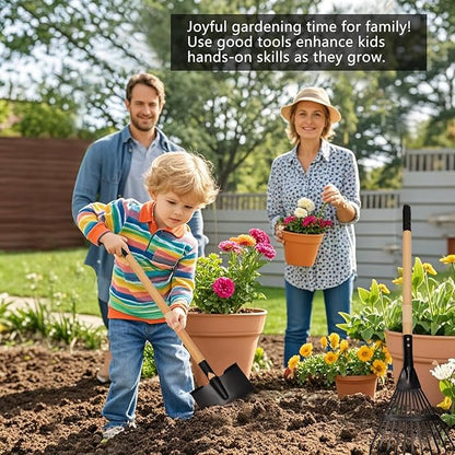 Kids Rake and Shovel Set, 2Pcs Garden Tools Metal Head with Wooden Handle, Great Gardening Gifts for Boys Girls Age 3 and Up