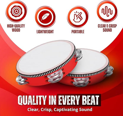 Flexzion Wood Handheld Tambourine Adults 6-Inch Double Row 8-Pair Jingles (Red) - Percussion Round Tamborines Musical Instrument with Metal Zills