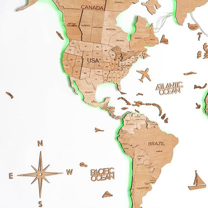 Enjoy The Wood 3D Wood World Map LED 3.0 Wall Art Modern Home Decor Gifts LED Lighting Wall Decor Housewarming Gift (Light)