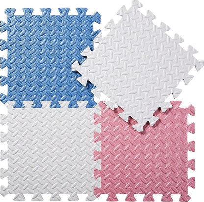 Foam Floor Mats for Kids, 12 x 12 Inch 16 Tiles 0.4" Thickness Foam Play Mat, Non-Toxic Square Interlocking Floor Mats Rubber Baby Play Mat for Toddlers(White/Gray Blue/Lori Pink)