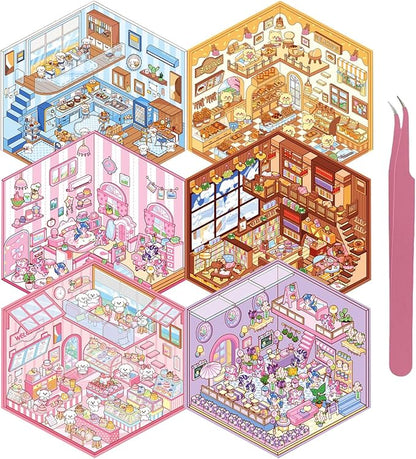 DIY 3D Sticker Scene 6 Sets of Stickers for Girls Make Your Own Mini Room Scene Stickers for Kids Cute Kawaii Sticker Therapy for Adult Relief Stress Pass The Time