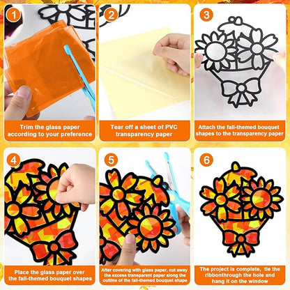 QOUBAI 32 Sets Fall Bouquet Suncatchers Craft Kit DIY Window Stained Glass Effect Autumn Bouquet Paper Crafts Home School Classroom Decoration Kid Birthday Gift Creative Art Project Activity Game