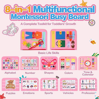 Busy Book Toddler, Montessori Busy Board, Activity Sensory Toys 2025 for Toddler Girls Christmas Birthday Gift, Educational Learning Quiet Book for Kids, Travel Toy for Airplane Car