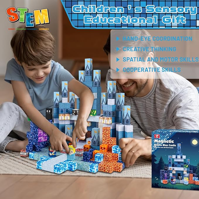 100PCS Magnetic Blocks - Magnet Building Blocks, Stacking Magents Cubes Toys Castle Set, STEM Montessori Sensory Toys for Kids Boys and Girls Ages 3 4 5 6 7 8 9 10 Birthday Gifts
