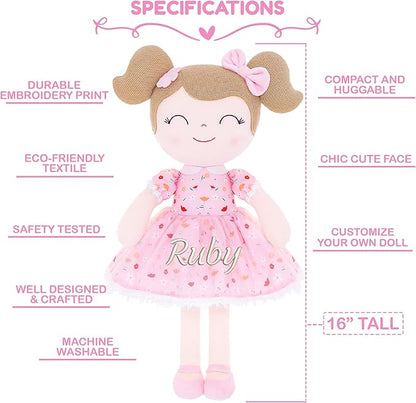 Gloveleya Personalized Doll with Embroidered Name - Floral Pink Custom Plush Doll for Girls Cute Plush Doll Customized Gift - Muñecas de Trapo Personalizadas para Niñas