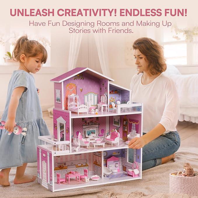 ROBUD Wooden Dollhouse Playset, 3 Stories, 5 Rooms, 24 PCS Furniture, Pretend Play Toys Gift for Kids Toddlers Girls