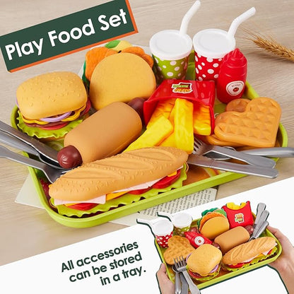 BUYGER Fast Food Play Food Toys for Kids Toddler Children Toy Kitchen Accessories Playset Plastic Toy Food Sets Pretend Play Gifts for 3 4 5+ Years Old
