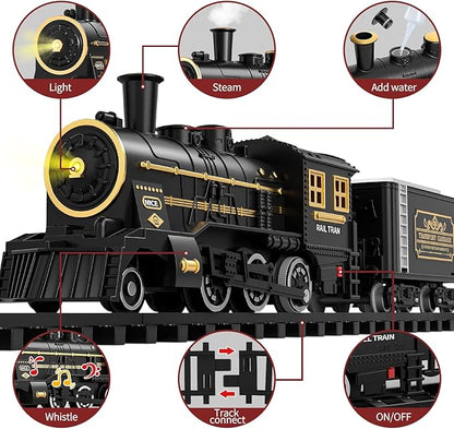 TEMI Steam Train Toy Set for Boys 3 4 5 6 7 Years, with Sounds & Light, Electric Classical Engine Locomotive for Kids, Rechargeable Model Train Kit for Christmas Tree, Cargo Car Railway Tracks