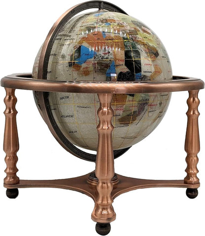 Limited Edition! Unique Art Since 1996 Pearl Ocean Table Top Gemstone World Globe with 4 Leg Copper Plated Zinc Alloy Stand (220MM/PEARL OCEAN/4LEG COPPER)