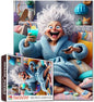 Funny Blue Bathrobe Grandma Jigsaw Puzzle for Adults 1000 Pieces Cozy Living Room Scene Whimsical Home Decor Relaxing Game 20×27 Inches Unique Gifts for Puzzle Lovers Family Entertainment