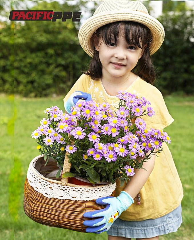 PACIFIC 3 Pairs Kids Gardening Gloves for Age 8-12, Toddler Rubber Coated Garden Gloves, Kids Work Gloves, for Children, Boys and Girls, Multicolor, XS