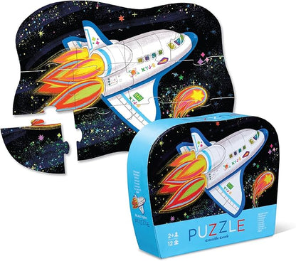 Crocodile Creek 12-Piece Mini Jigsaw Puzzle - Fun Floor Puzzles for Kids Ages 2-4 and Up - Heavy-Duty Shaped Box for Storage - Blast Off - 12" x 9" Finished
