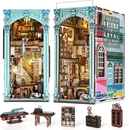 MiniCity DIY Book Nook Kit for Adults, 3D Wooden Puzzle Bookend Bookshelf Insert Decor with LED Light and Dust Cover (Hemingway House)