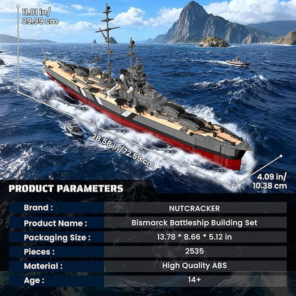 NUTCRACKER Military Building Set for Adults, 2535 Pcs WWII German Bismarck Battleship Model, 60015 Warship Building Block Kit, Collectible Display Gift for Military Enthusiasts