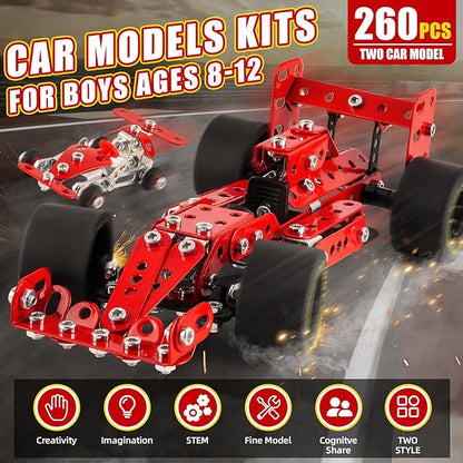 Car Building Kits for Boys 8-12,Building Cars Metal Erector Set,Racing Car Building Kits for Boys 12-15,Assembly Red Vehicle Model for Kids Kids 8+ Years Old（260Pieces）
