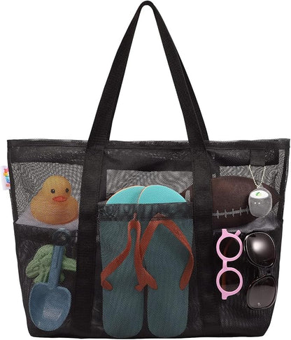 Tagitary Mesh Beach Bag with Zipper Large Beach Tote Waterproof Sandproof with 8 Pockets for Toys Pool Bag Beach Accessories