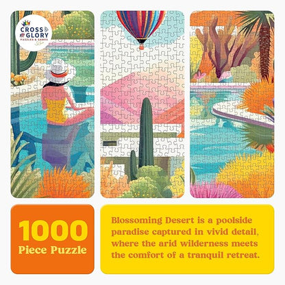 Cross & Glory Jigsaw Puzzles 1000 Pieces - Blossoming Desert: Poolside Paradise - 1000 Piece Landscape Puzzles for Adults | Vibrant Colors | Desert Cactus Succulent | 20x27 Inches | Adult Challenge