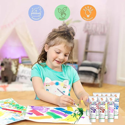 Early Learning Kids Paint Kit Washable Finger Paints with Assorted Painting Brushes Stamps Sponges Palette for Toddlers Children Crafts Drawing Gift Age 3+