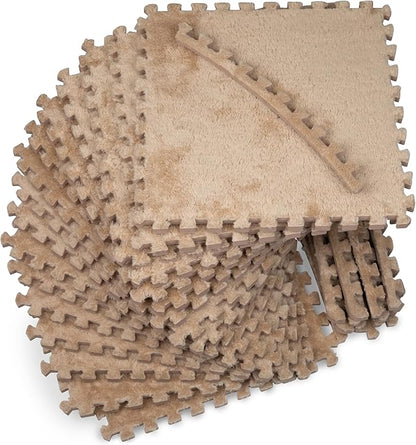16 Piece Carpet Squares Puzzle Mat 49" x 49" Plush Interlocking Carpet Tiles, Foam Floor Tiles for Baby Play Mat - Kids Soft Play Floor Mats, Anti Slip Jigsaw Flooring Playmat Playroom Rug (Brown)