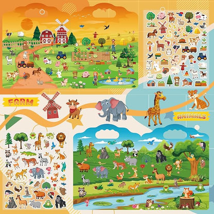 4 Set Reusable Sticker Books for Toddlers 2-4 Years, Reusable Toddler Sticker Book, Kids Puffy Activity Books Set Include Princess,Animal,Farm,Vehicles