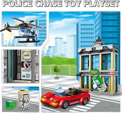 City Police Bank Building Sets, Compatible with Lego Police Bank, Includes Car, Bank, Helicopter, Police Chase Building Blocks Toy Set Gift for Kids 6 Plus Years Old（655 PCS）