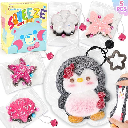 Fidget Squeeze Toys Set 5PCS, Squishies Sensory Toys Includes Penguin Starfish Seashell Flower Butterfly for Stress Relief, Sticky Toys Party Favors Birthday for Kids Teens