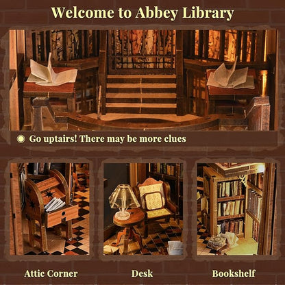 Book Nook Kits for Adults, DIY Book Nook Kit Miniature House Dollhouse Kit, 3D Wooden Puzzle Booknook Bookend Bookshelf Decor Model Build with Dust Cover (Abbey Library)