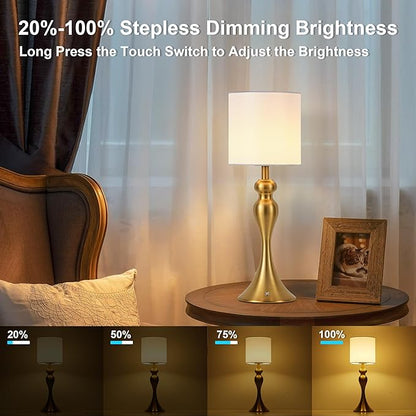 Table Lamp for Bedroom, Cordless Bedside Lamps for Living Room, Touch 3-Way Dimmable Desk Lamp for Night Stands, Rechargeable, Battery Operated Lamp with Fabric Shade for Dorm, Home Office (Brass)