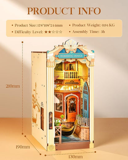 Rolife DIY Book Nook Kit for Adults, Miniature Dollhouse Booknook Kit, 3D Wooden Puzzle Creative Decorative Bookends Bookshelf Diorama Insert Crafts Hobbies Gifts (Romantic Venice)