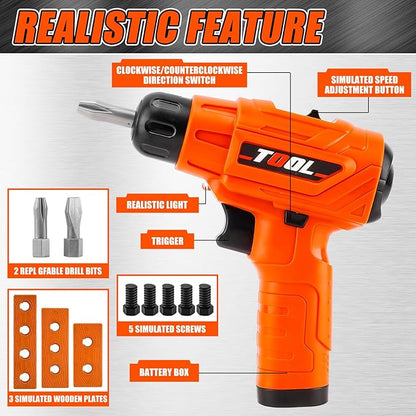 Toy Drill Set for Toddlers 1-3，Electric Power Kids Drill and Screw Set，Kids Pretend Play Tool with Realistic Sound & Action，Preschool STEM Toy for Home & Classroom, Ages 3+