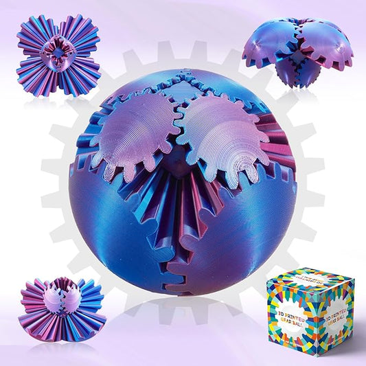 Gear Ball-3D Printed Gear Sphere,3D Printed Spin Ball Cube Fidget Toy,The Steampunk Whirling Wonder Fidget Ball Toy(Red Blue)
