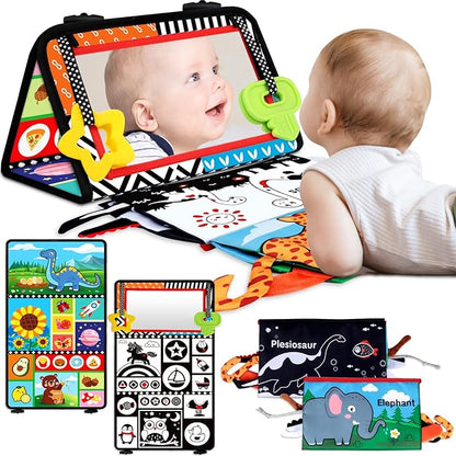 Tummy Time Baby Mirror Toys 0-6 6-12 Months - Montessori Infant Toys Brain Development with Crinkle Cloth Book and Teether - High Contrast Newborn Sensory Toys for Babies Boys Girls Gifts