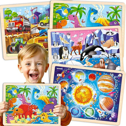 QUOKKA 4SET Puzzles for Kids Ages 4-6 - 36 Pcs Wooden Realistic Montessori Toddler Puzzles Ages 3-5 - Animals Dinosaurs Learning Games for Boys and Girls 4-8 Year Olds
