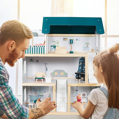 Lil' Jumbl Kids Wooden Dollhouse, 17-Piece Accessories & Furniture are Included, with Balcony & Stairs, 3 Story Easy to Assemble Doll House Toy - Green