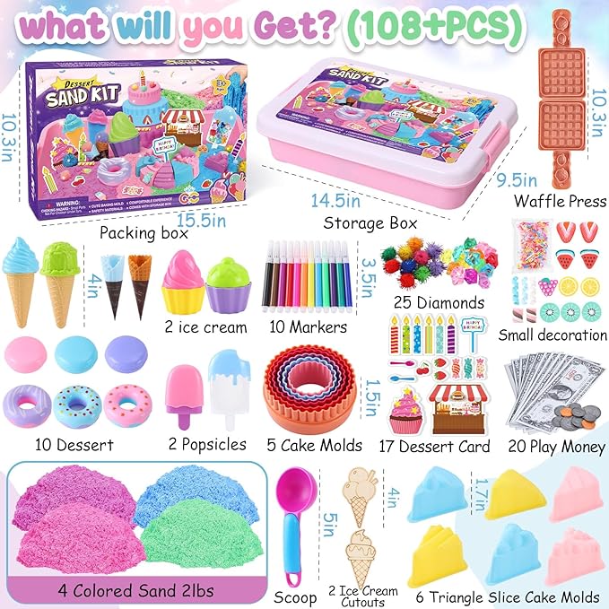 Golray Ice Cream Sensory Bin for Girls, Play Sand Art Kit with Sandbox, 2lb Magic Sand, Cake & Waffle Molds, Pretend Play Desserts Toys, Sensory Toy Set Gifts for Girl Toddlers Ages 3 4 5 6 7 8