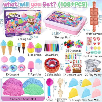Golray Ice Cream Sensory Bin for Girls, Play Sand Art Kit with Sandbox, 2lb Magic Sand, Cake & Waffle Molds, Pretend Play Desserts Toys, Sensory Toy Set Gifts for Girl Toddlers Ages 3 4 5 6 7 8