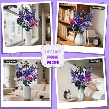 Purple Roses Bouquet Building Set for Kids Ages 6+, 701PCS Artificial Flowers Bouquet Home Office Decor for Adults Women Teengirls, Gift for Birthday Valentine's Day Halloween Christmas