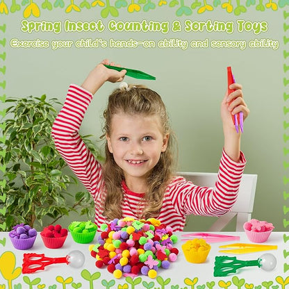 EZdhuawuse Fall Insects Sensory Bin Fillers Toys - 268 Color Counting Sorting Fine Motor Toys Set for Kids, Felt Dragonfly Butterfly Pom Poms Cups Clips for Preschool Education Birthday