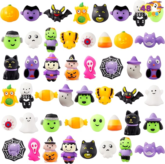 JOYIN 48 Pcs Halloween Mochi Squishy Toys Bulk, Halloween Toys for Halloween Party Favors Decoration, Trick or Treats Sensory Stress Relief Toy, Classroom Prizes Goodie Bag Filler Kids Gift