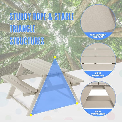 Costaelm Kids Picnic Table, HDPE All Weather Outdoor Toddler Picnic Table and Chair Set Kids Bench for Patio, Backyard, Garden, Lawn, Sand